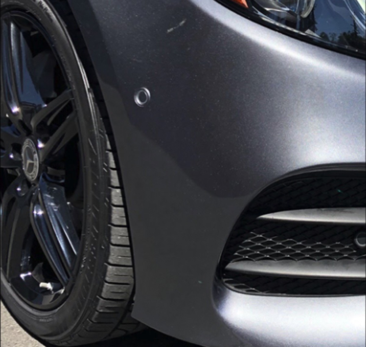 Front Bumper Repair after in Brea, CA, Deep front bumper dent on a Mercedes, reshaped, refinished, and PPG color-matched on-site in Orange County.