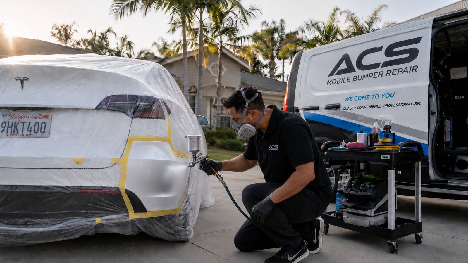 ACS technician spray-painting a masked-off white Tesla rear bumper with an exact PPG color match in Foothill Ranch, Orange County, the ACS mobile van in the driveway
